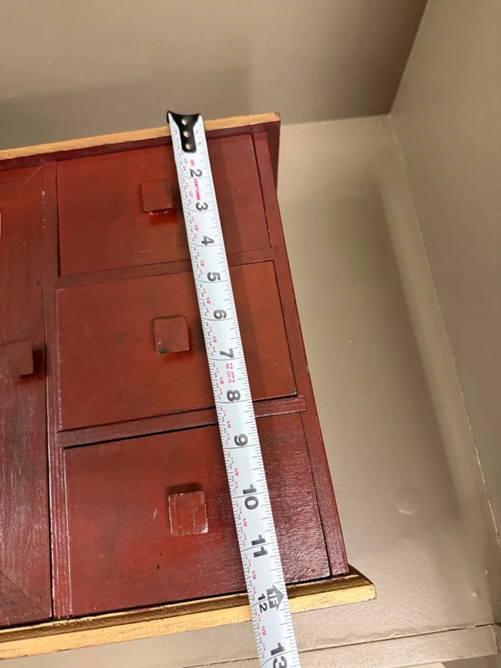 Reddish & Gold Wooden Jewelry Cabinet with Mirror & 3 Drawers. 12” x 13” x 5”